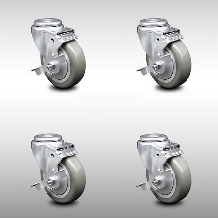 Service Caster 4 Inch SS Gray Polyurethane Wheel Swivel Bolt Hole Caster Set with Brake SCC SCC-SSBH20S414-PPUB-TLB-4